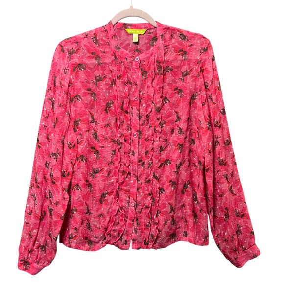 Sigrid Olsen Tops - Sigrid Olsen Pink Silk Floral Sheer Ruffle Front Button Down Shirt Blouse Size L